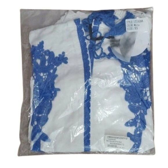 Revolve Line & Dot Size XS Blue and White Embroidery Off the Shoulder Blouse - Picture 10 of 10